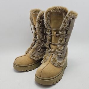 Skechers Outdoor Tan Suede Faux Fur Trim Tall Lace Up Lug Sole Boots Womens 7.5